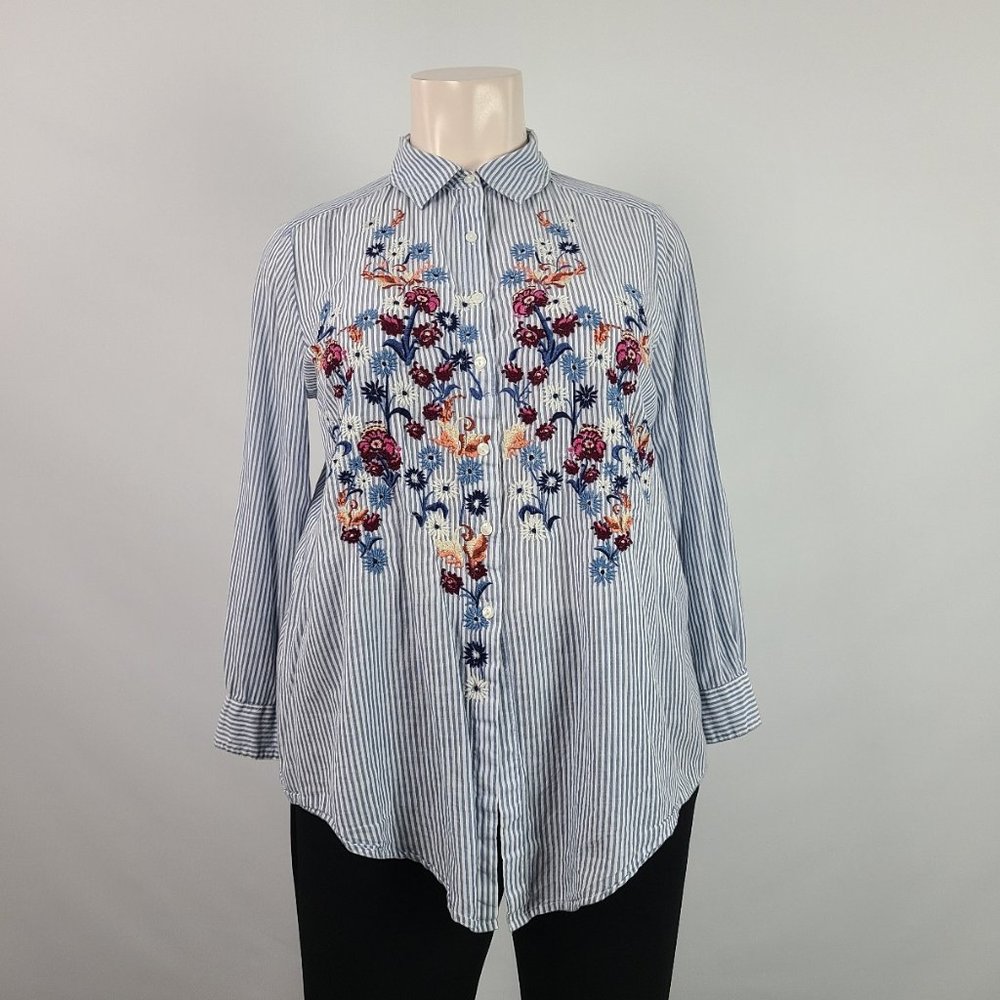 Style & Co. Blue Striped Button Down Shirt with Floral Embroidery